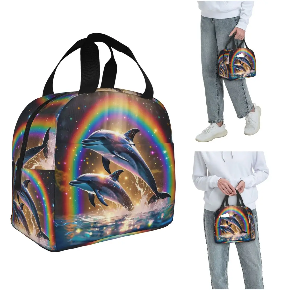 Sunset Dolphins Dancers Sea Creature Dolphin Insulated Lunch Bag for Women Kids Leakproof Food Boxes Thermal Lunch Box Tote