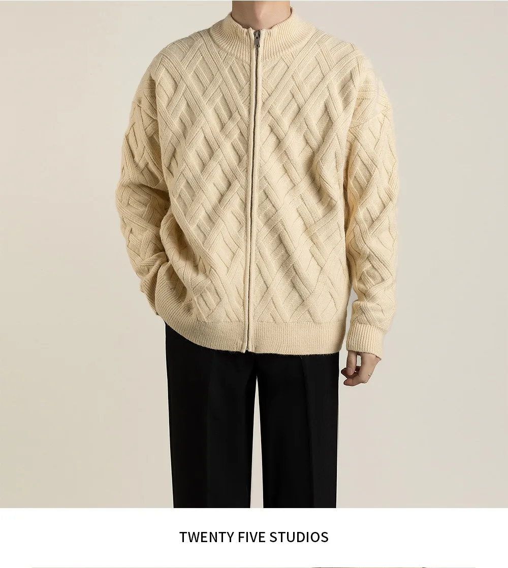 

Кардиган с воротником-стойкой, вязаная куртка на молнии, мужской весенне-осенний новый стиль, высококачественный свитер с ромбовидной сеткой, куртка