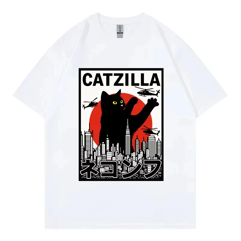 Catzilla Funny Cat Attack Graphic T Shirts Harajuku Japanese Manga Short Sleeve T-shirts Men Women Casual Fashion Loose T-shirt