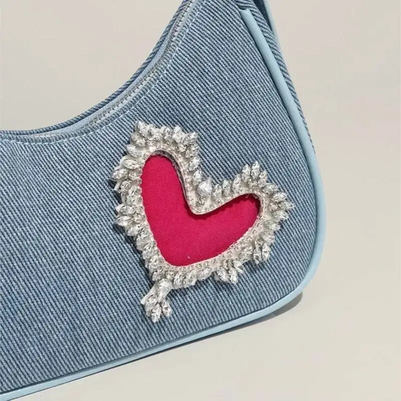 Bloom Retro Denim Y2k Purse Women Harukuu Heart Rhinestone Zipper Casual Shoulder Bags Ladies Vintage Trendy Handbag