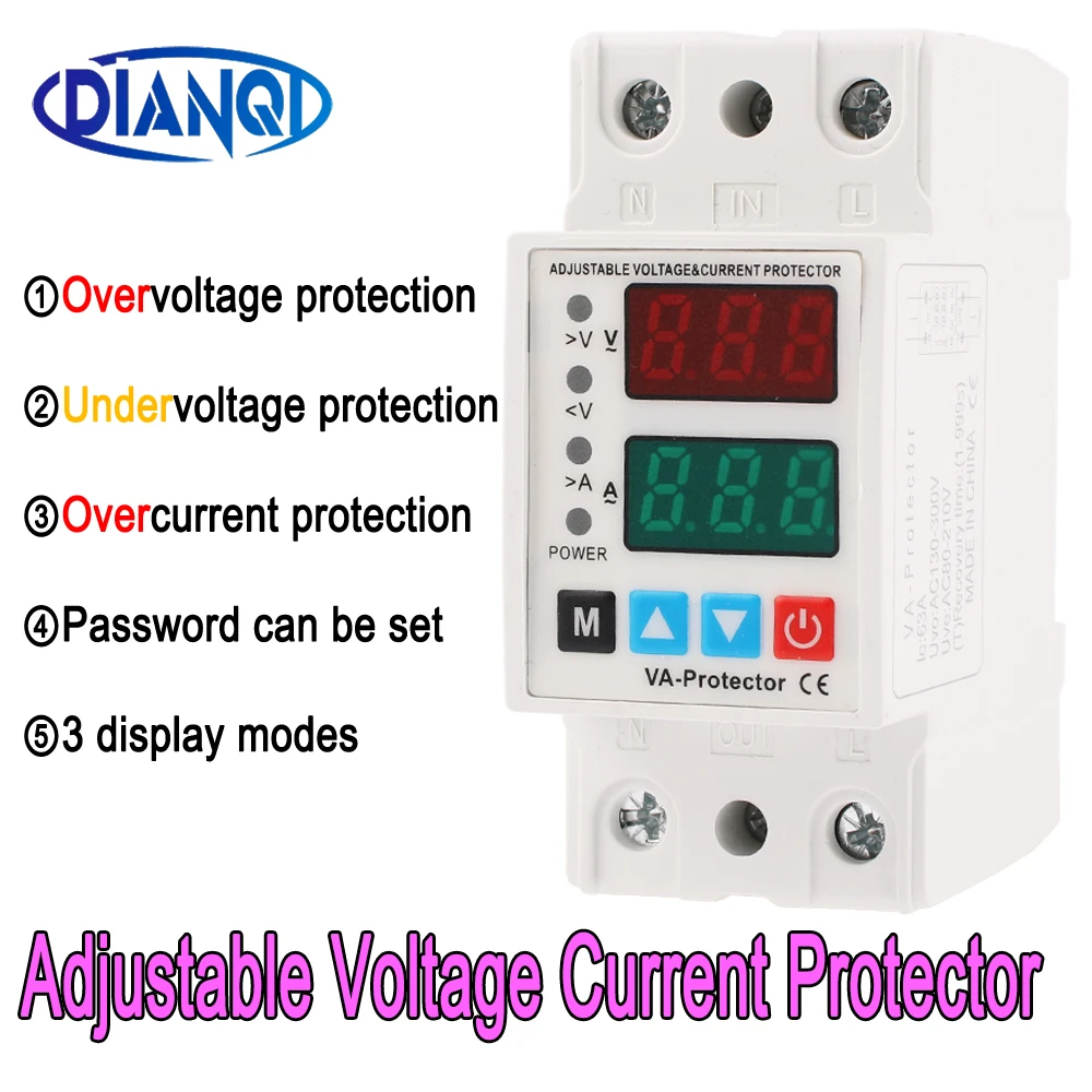 1PC 40A/63A Din Rail 230V Adjustable Over Voltage Under Voltage Protective Device Protector Relay Limit Over Current Protection