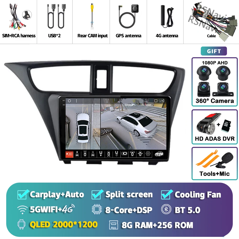 Android 15 Carplay Auto Voor Honda Civic Hatchback 2012 2013 2014 2015 2016 2017 Multimedia Autoradio Speler WIFI + 4G DSP Stereo