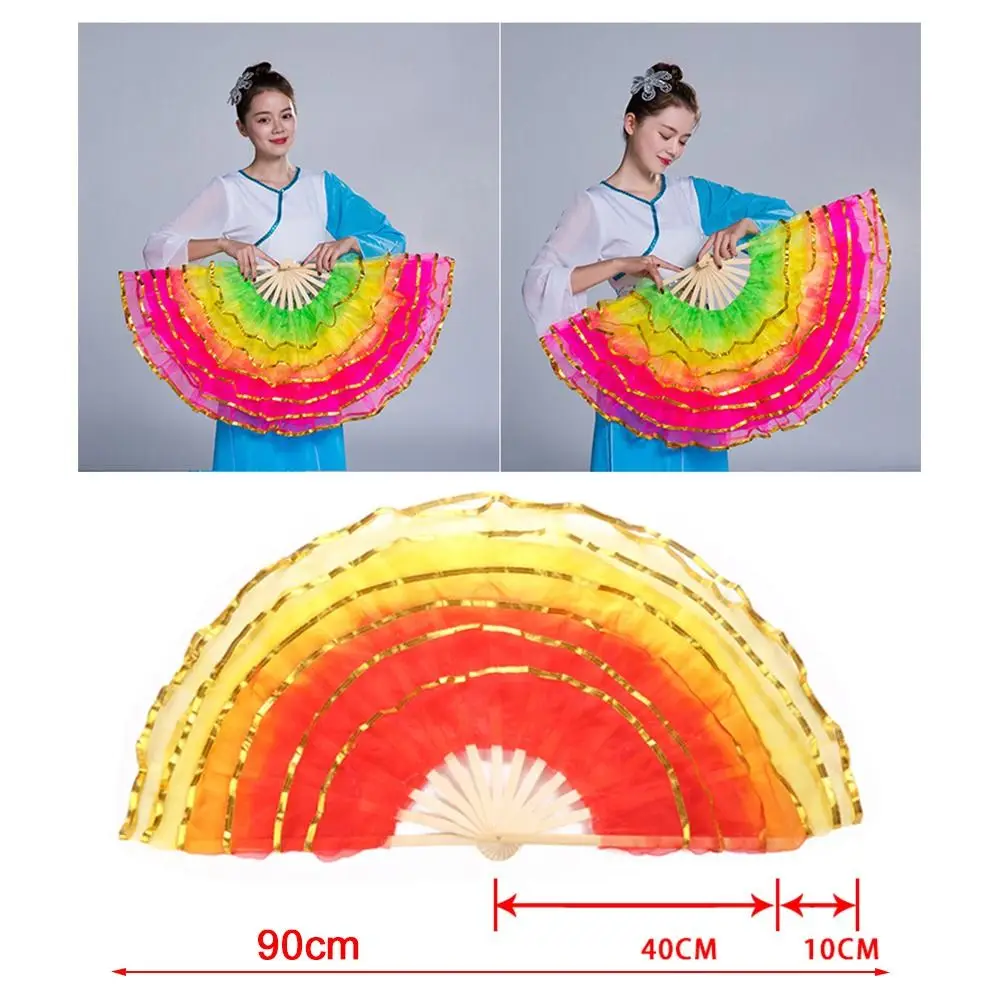 1 stücke mehrfarbige chinesische kurze Bauchtanz Fan Halbkreis Seiden schleier Paare Yangko Tanz Bambus Fans Hand färben Erwachsene heiß verkaufen