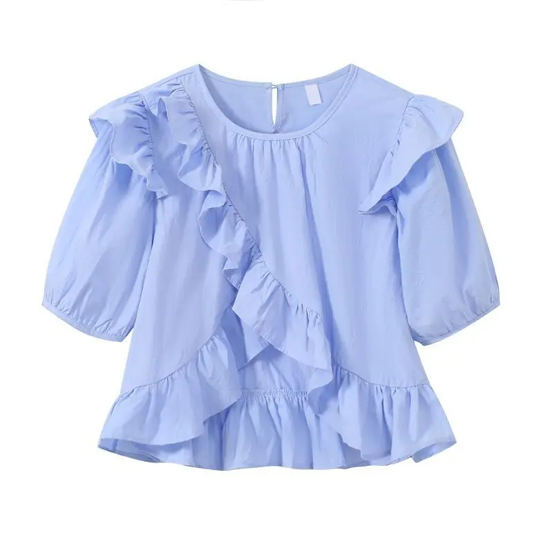 Cute Girls Korean Style Ruffle Blouse Peter Pan Collar Loose Fit Top with Puff Sleeves Ethereal Kids Fashion Casual Shirt​ - view 3