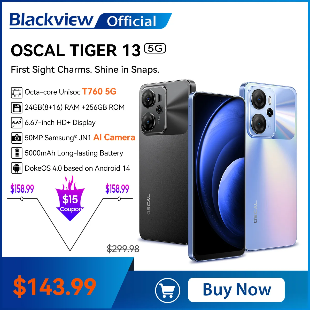 [Estreno mundial] Blackview OSCAL TIGER 13 Smartphone 5G Pantalla de 6,67 pulgadas, T760, 8 GB + 256 GB, cámara AI de 50 MP 5000 mAh NFC Android 14