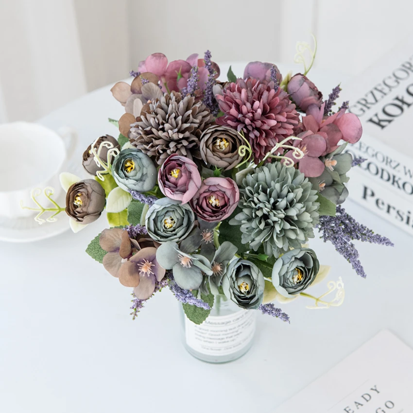 Künstliche Seidenblumen Hortensie Tee-Rose für Außenbereich, Garten, Zuhause, Zimmerdekoration, Vase, Hochzeit, Brautstrauß, DIY-Festkranz, DIY-Geschenk – Detail 2