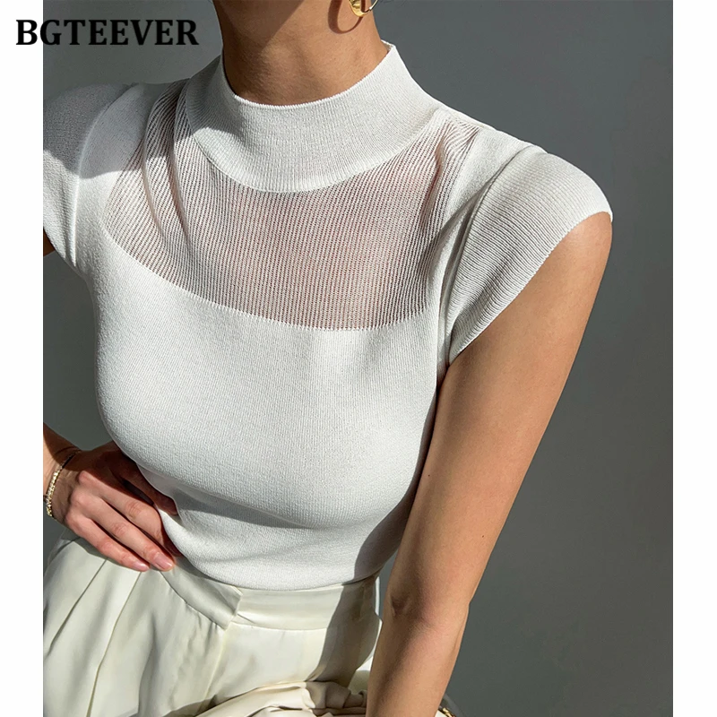 BGTEEVER Elegant Half High Collar Ladies T-shirts Summer Female Skinny Knitted Tops Women Cotton Tees