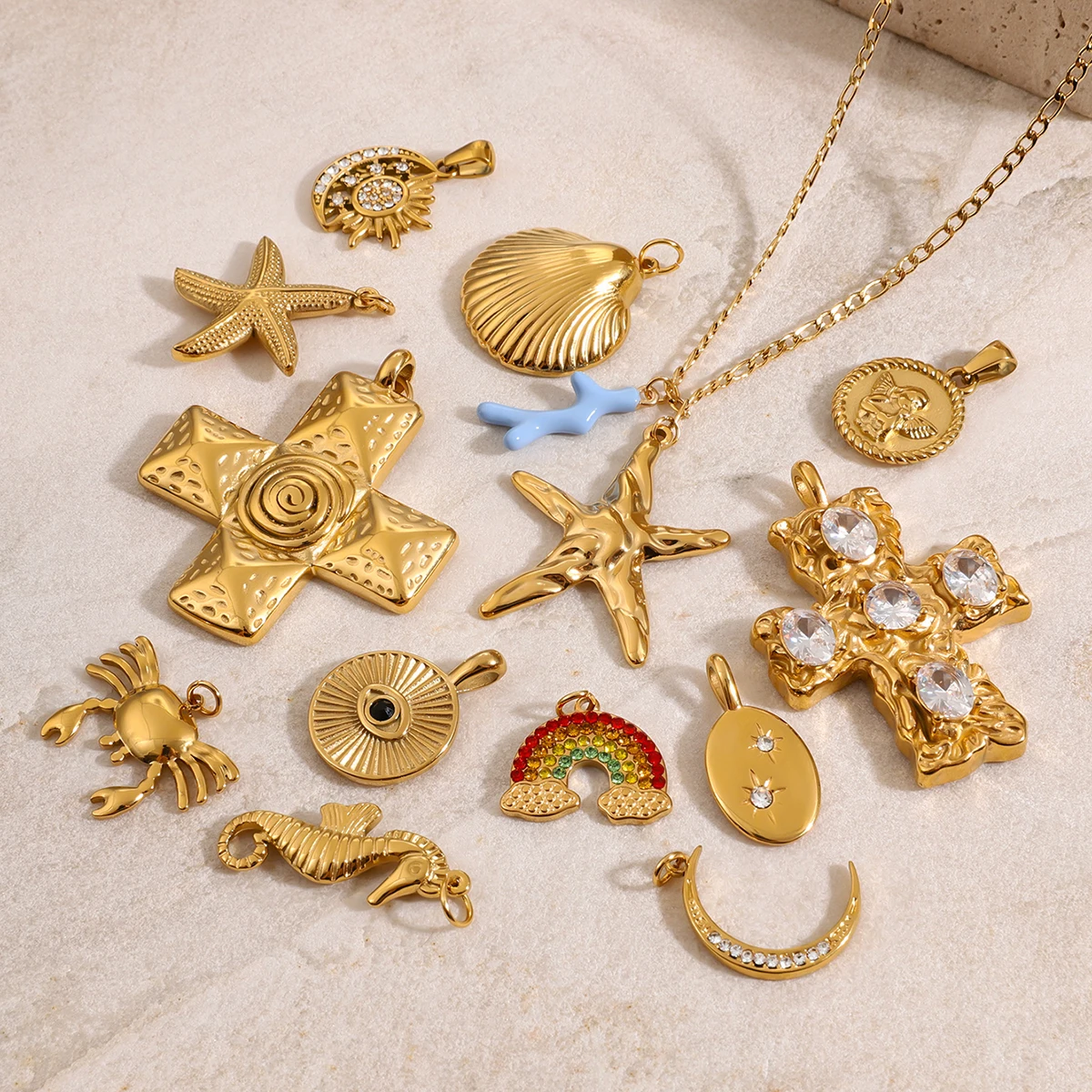 18K Gold Plated Stainless Steel Minimalist Multi-style Starfish Shell Woman's DIY Accessories Waterproof Bijoux Delicate Jewelry