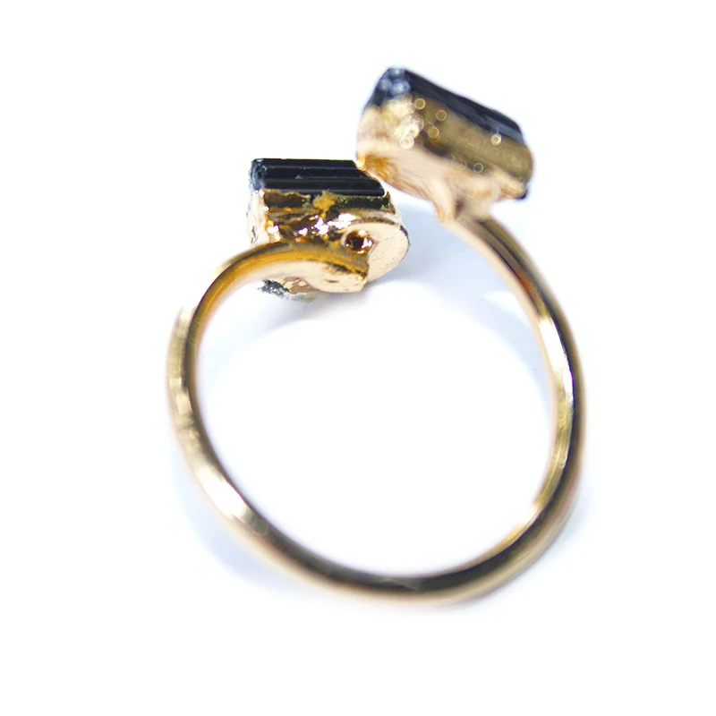 Irregular Black Tourmaline Rough Stone Open Ring Golden Handmade Finger Jewelry Adjustable Size