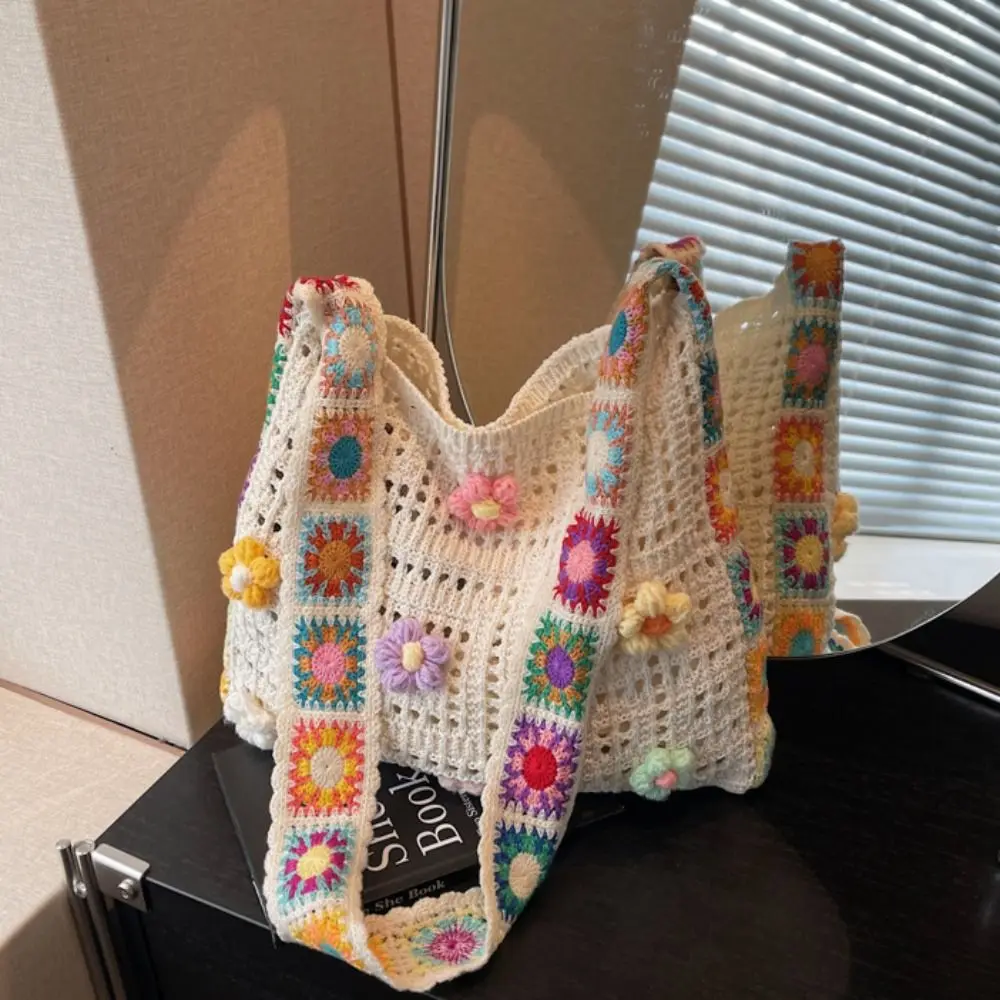 

Boho Knitting Shoulder Bag Floral Ethnic Style Bohemian Crochet Crossbody Bag Large Capacity Lazy Style Casual Woven Handbag