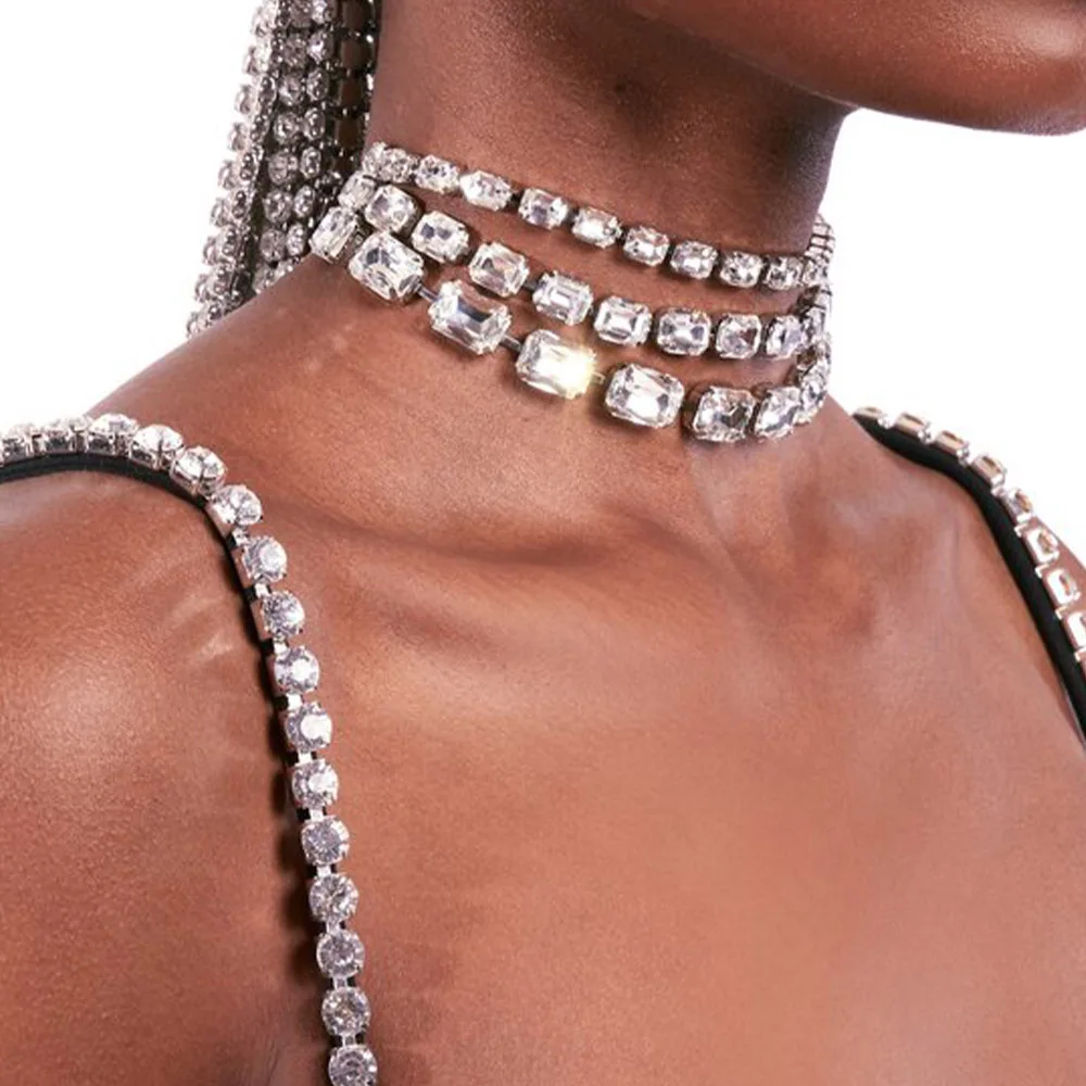 XSBODY Large Rhinestone Necklace Statement Jewelry for Women Christmas Party Gifts Multi Row Crystal Collar Choker Necklace