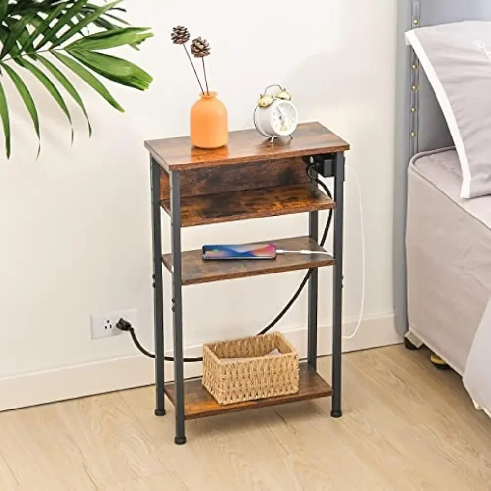 Table with Charging Station Thin Sofa Side Table with USB Port and Socket Flip Bedside Table with 3 Shelves