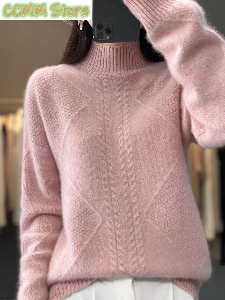 

Women Mock Neck Pullovers Cashmere Sweater Autumn Winter Thick Warm Twist Casual Merino Wool Knitwear Korean Fashion Tops