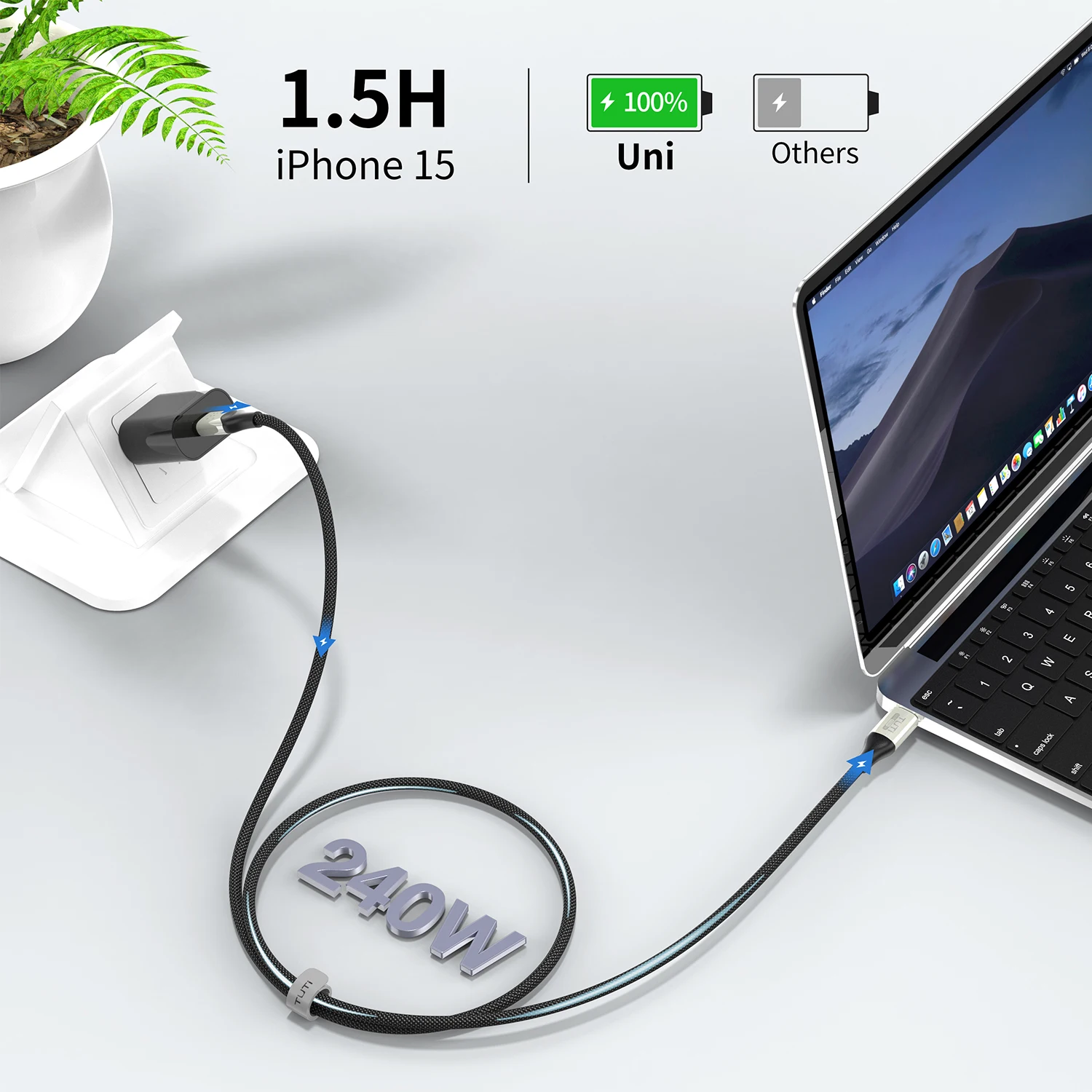 TUTi USB4 240W 40Gbps Type-C Cable 8K@60hz Video Super-Fast Data Charging Durable Sleeved Compatible with iPhone 15/MacBook/iPad