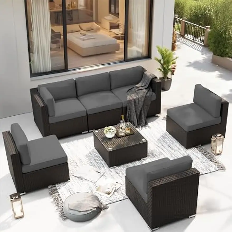 7PCS Outdoor Patio Furniture Set, Black Brown Rattan Sectional Conversation Set, Modular Sofa Set w/ Coffee Table, Grey Cushion