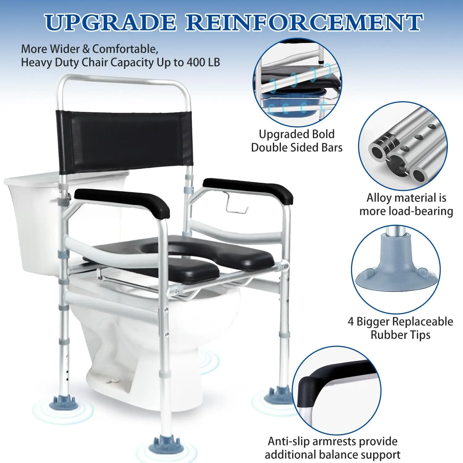 팔과 등받이가 있는 침대 옆 변기 의자, 손잡이가 있는 변기 좌석, 샤워 의자, 성인용 변기 의자, 4 in 1, 350 lbs
