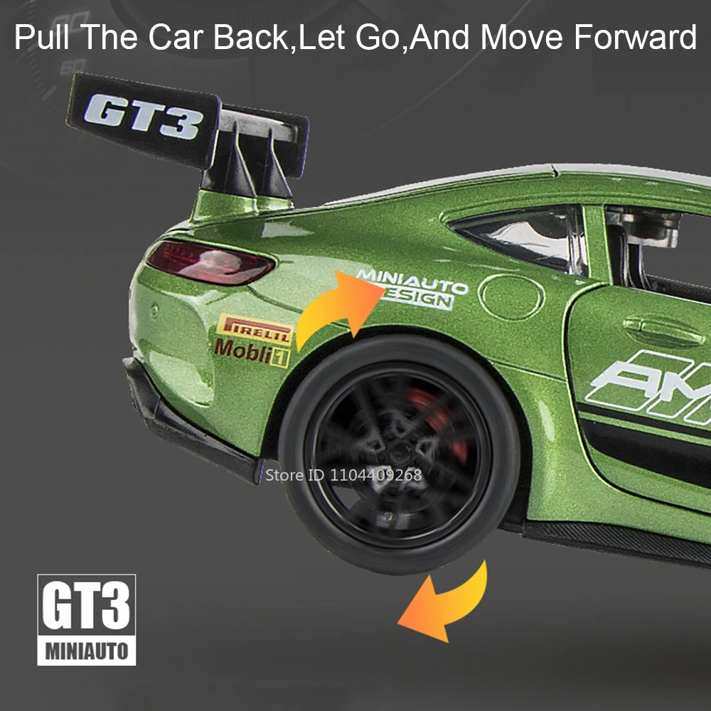 1:32 gt3 pista carro gtr modelo brinquedo som luz puxar para trás corpo de metal pneus de borracha carros da polícia modelos coleção presente para meninos