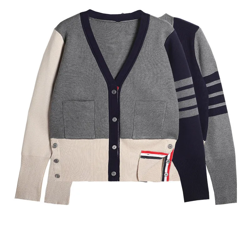 

Fashion Knitted Cardigan Women's Spring/Autumn Korean Edition V-neck Color Blocked Thick Long Sleeved Sweater Coat