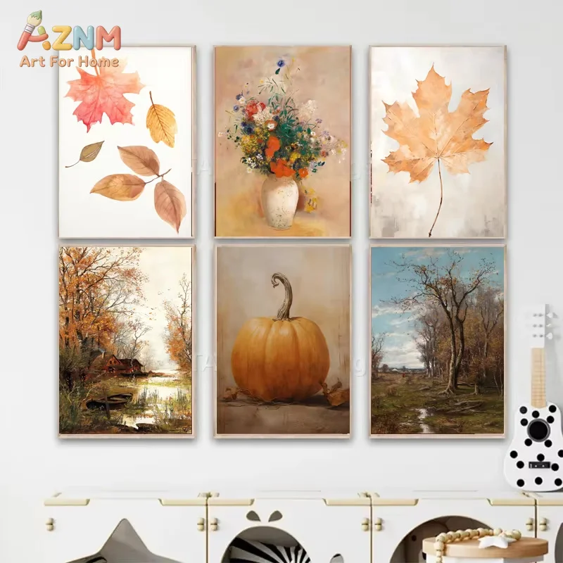 1PC,Autumn Landscape Poster Forest Lake Boat Leaf Pumpkin Wall Art Print Canvas Painting Posters for Modern Home Decor