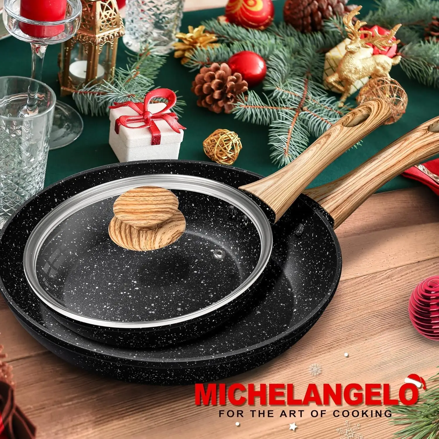

MICHELANGELO 12-дюймовая сковорода с антипригарным покрытием, деревянная ручка с крышкой, многофункциональная сковорода для омлета, говядины, универсальная сковорода