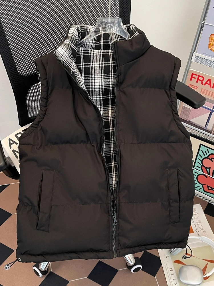 Winter Reversible Down Vest Men Solid/Checkered Two-Way Stand-Collar Jacket Padded Sleeveless Outerwear Sports Casual Vest