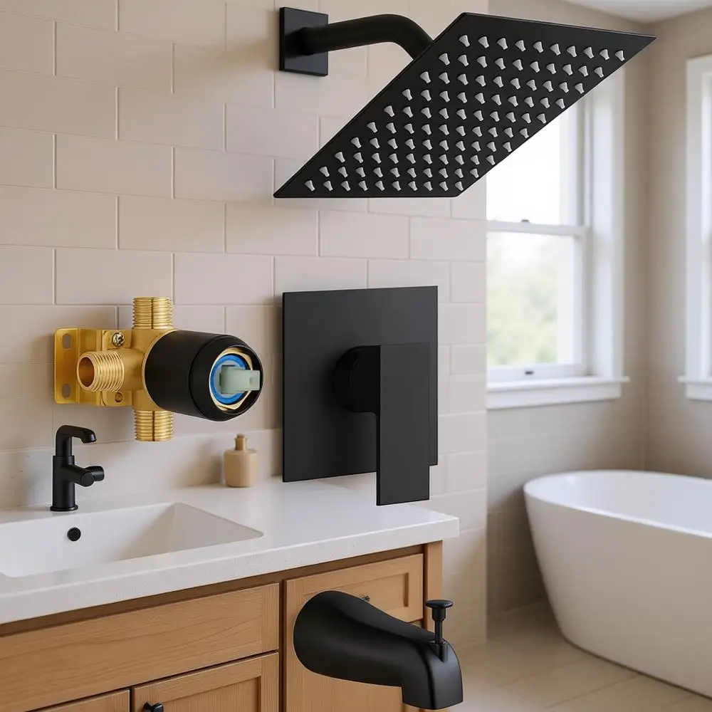 

Shower Set with Tub Spout Bathtub Faucet Kit Complete Tub Shower Trim Kit with Solid Brass Rough-in and 8 Inch Square Rain Showe