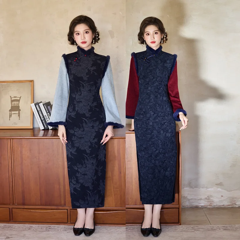 

Осень и зима, новый ретро тонкий с длинными рукавами в китайском стиле, улучшение темперамента, теплое утолщенное Ципао