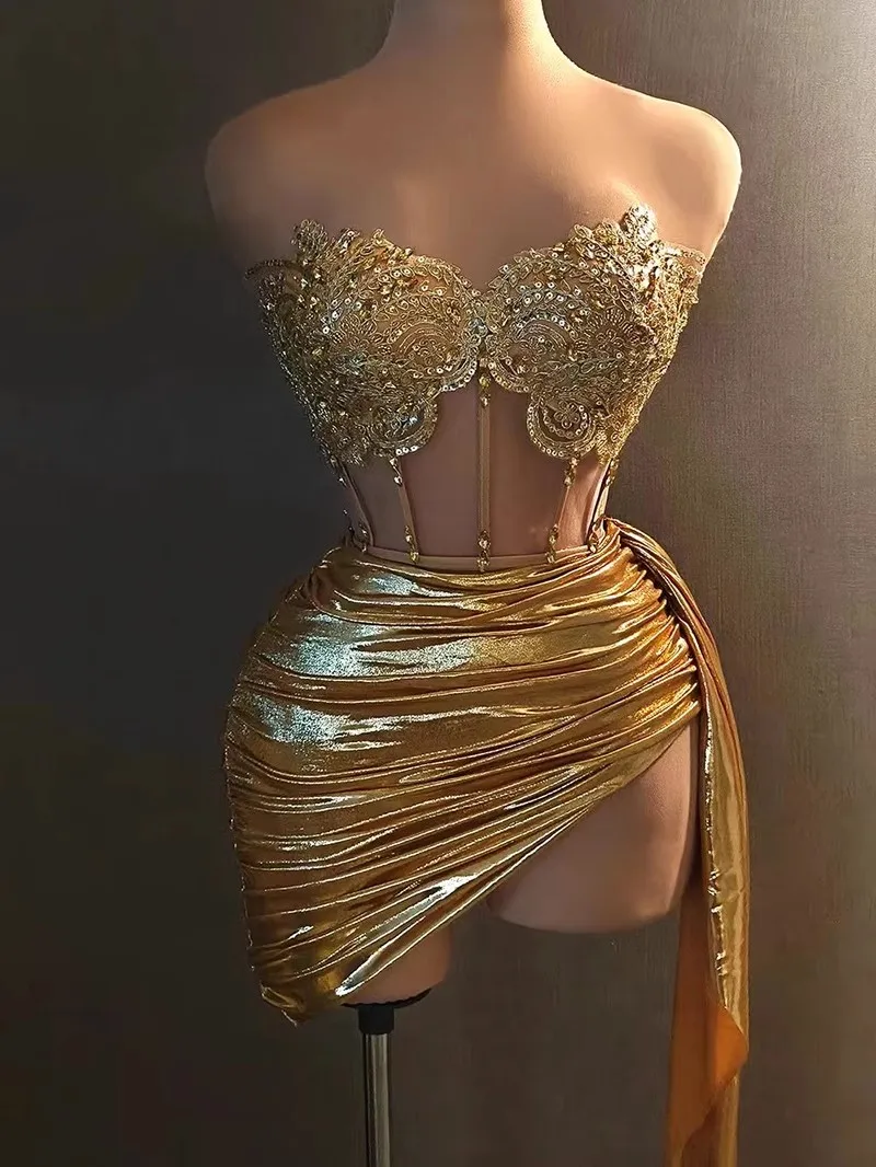 Real Image Gold Asymmetrical Mini Cockail Dresses With A Corset Bustier Delicate Appliqeus Short Party Gowns