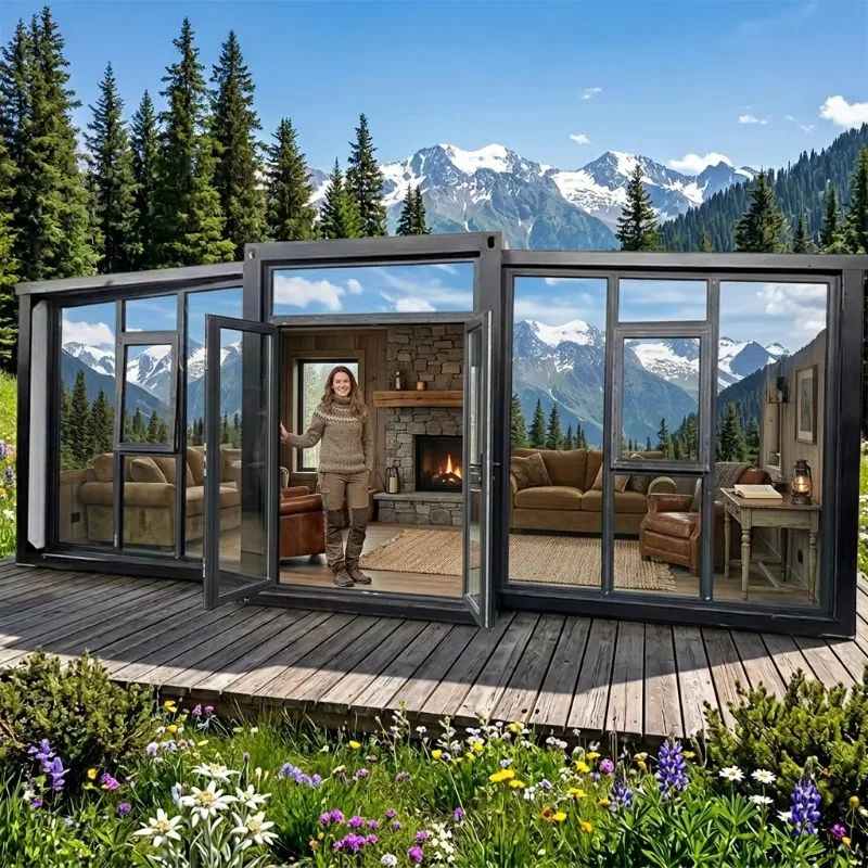 20ft Three-in-one Double-Wing Expansion Folding Steel Apartment Bedroom Living Room Modern Design Glass Curtain Wall