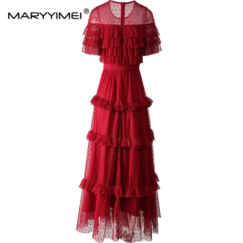 MARYYIMEI Summer Women's Ball Gown Dress Elegant Butterfly sleeve High waist Mesh Flounced Edge Evening Dresses