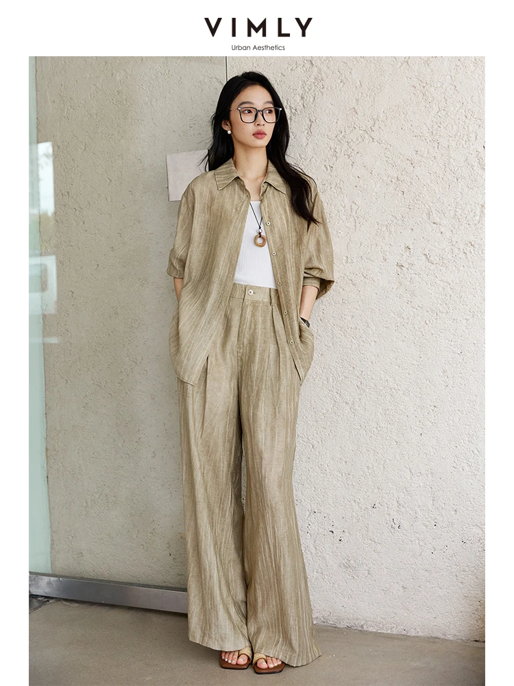 

VIMLY Texture Shirt Pant Set Two Piece Woman Outfits Spring 2025 Casual Long Sleeve Shirt Baggy Pants Ladies Clothing Sets A0351