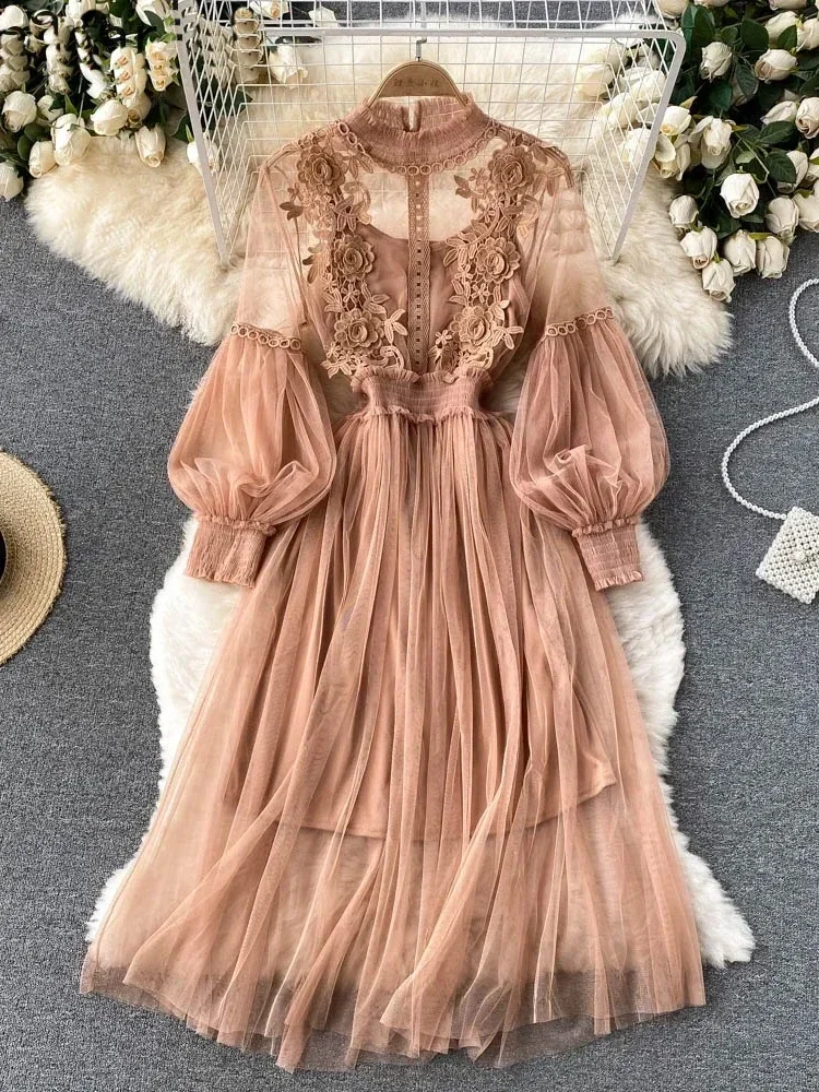 

2024 New Ladies Dress Three-dimensional Flower Hook Mesh Temperament Stand Collar Lantern Sleeve High Waist Slim Female Dresses