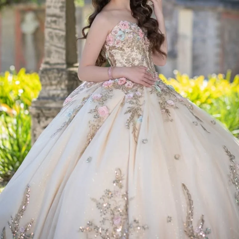 Customized Shiny champagne color Quinceanera Dresses Off the Shoulder Tull sequin applique 3D flower Vestido De 15 Quinceanera