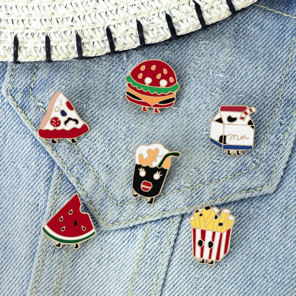 Cute Funny Food Pins Walking Milk Hamburger Pizza Watermelon Enamel Brooch Women Decoration Badges Fashion Jewelry Friends Gifts