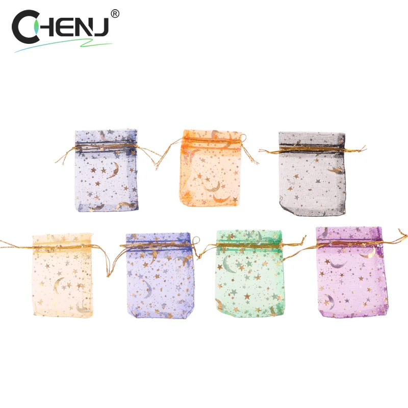 100pcs/lot Star Moon Organza Jewelry Bags Tulle Sheer Sachets Drawstring Gift Bag Wedding Party Favor Pouches Jewelry Organizer