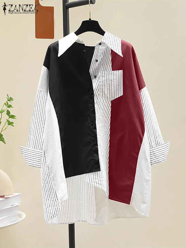 2024 ZANZEA Korean Fashion Women Laple Neck Long Sleeve Blouse Stylish Patchwork Shirt Autumn Striped Tops Loose Blusas Chemise