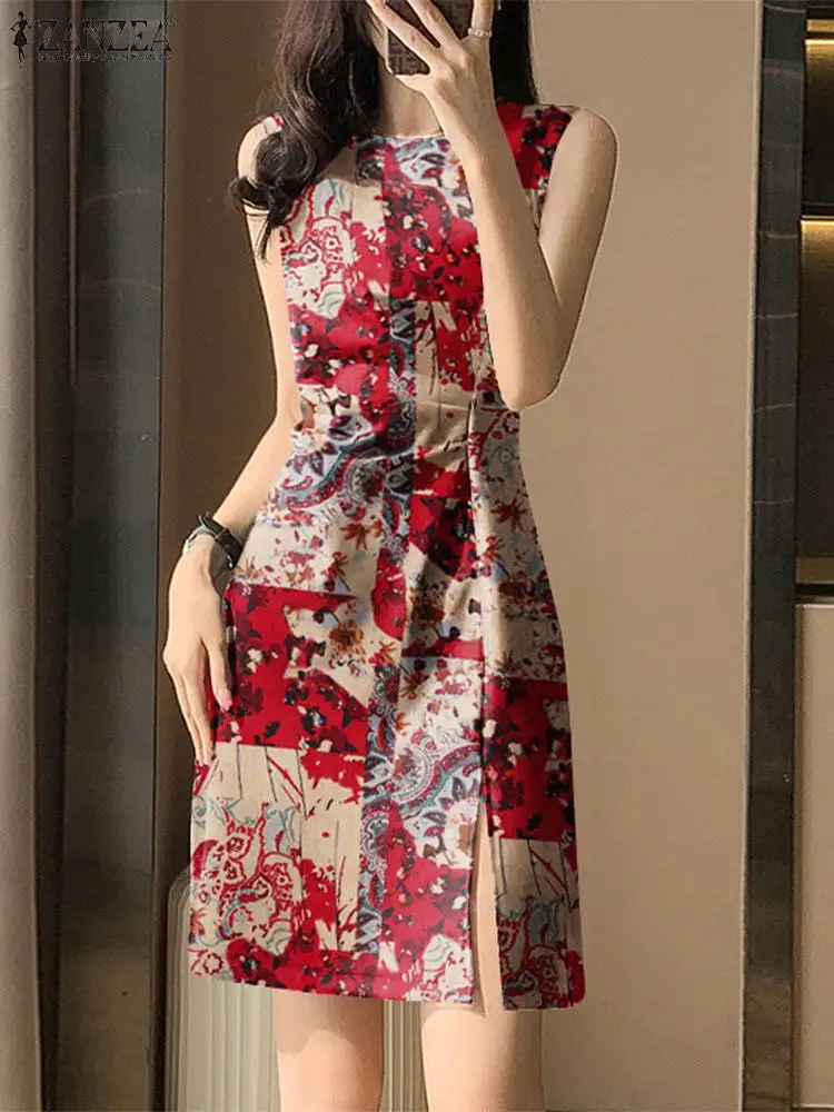 ZANZEA Summer Sexy Cotton Party Dress Fashion Floral Print Tank Dress Women Sleeveless Robe Elegant Collect Waist Split Vestidos