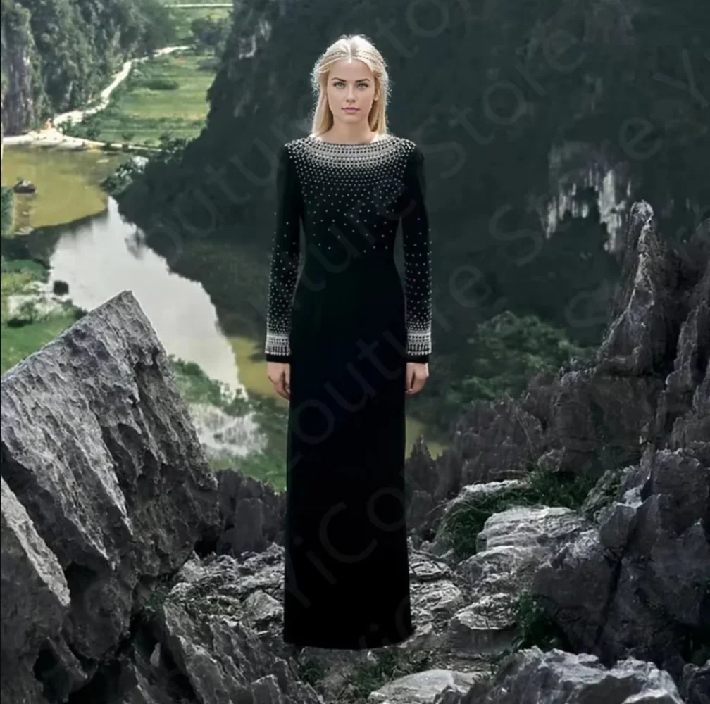 Sukienki wieczorowe w stylu vintage z arabskimi motywami, czarne sukienki na studniówkę, sukienki na przyjęcia z długim rękawem, zdobione koralikami sukienki dla gości weselnych z odkrytymi plecami.