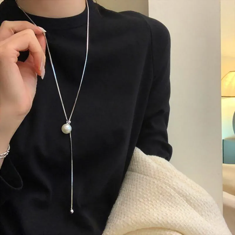 Women Long Necklace With Single Pearl Tassel Adjustable New Fashion Sweater Chain