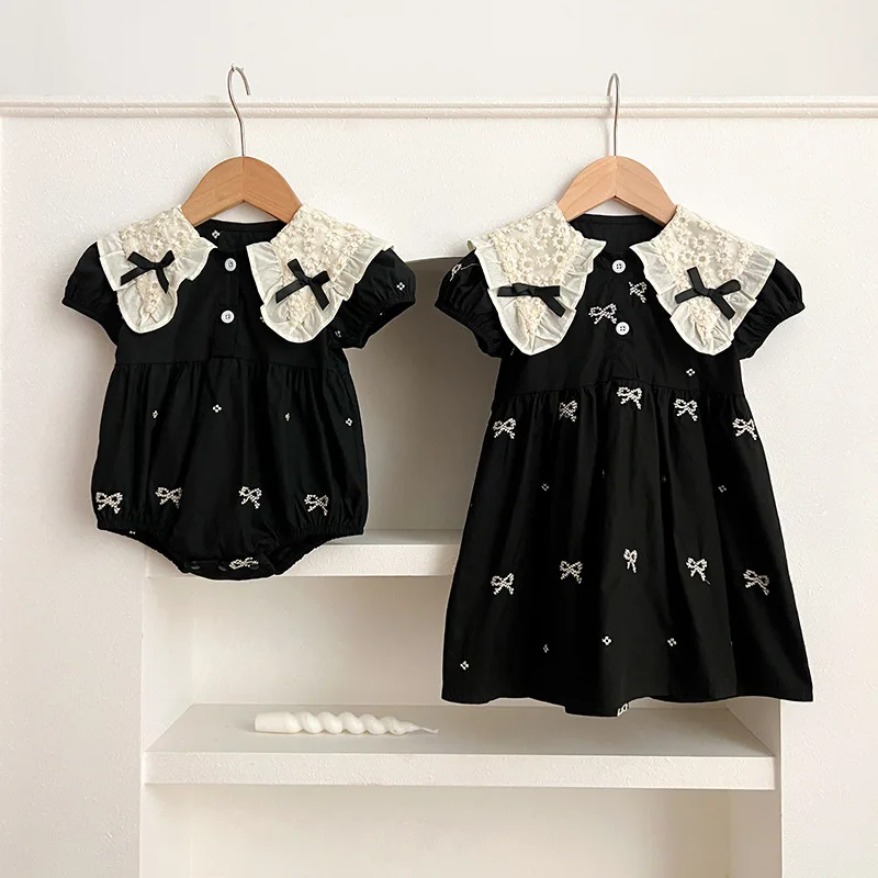 

0-6Yrs Sister Matching Outfit Baby Romper Princess Dresses Newborn Clothes Short Sleeved Baby Girl Embroidered Dress Doll Collar
