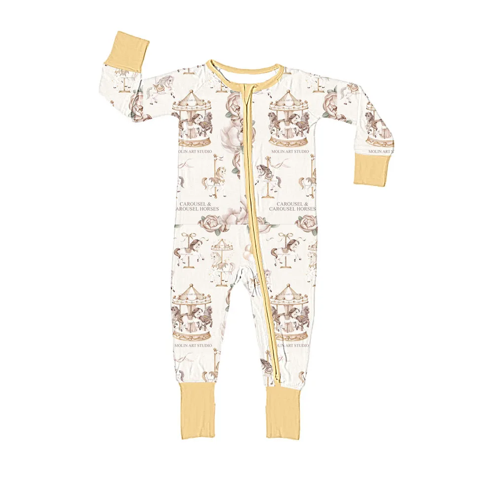 Conjunto de pijamas de estilo para niños y niñas, traje de tela de seda de leche con patrón de carrusel, nuevo diseño