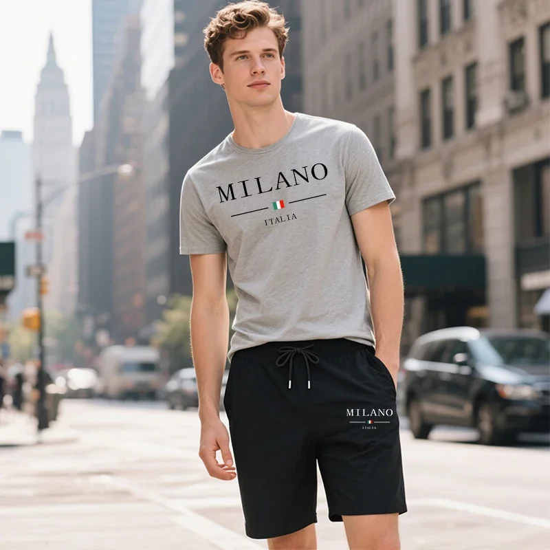 

Italy Fashion Male T-shirt Walking Shorts 2pcs Set Urban Fashion Casual Tracksuit Spring Summer Daily Sport Outfit Men's Clothes