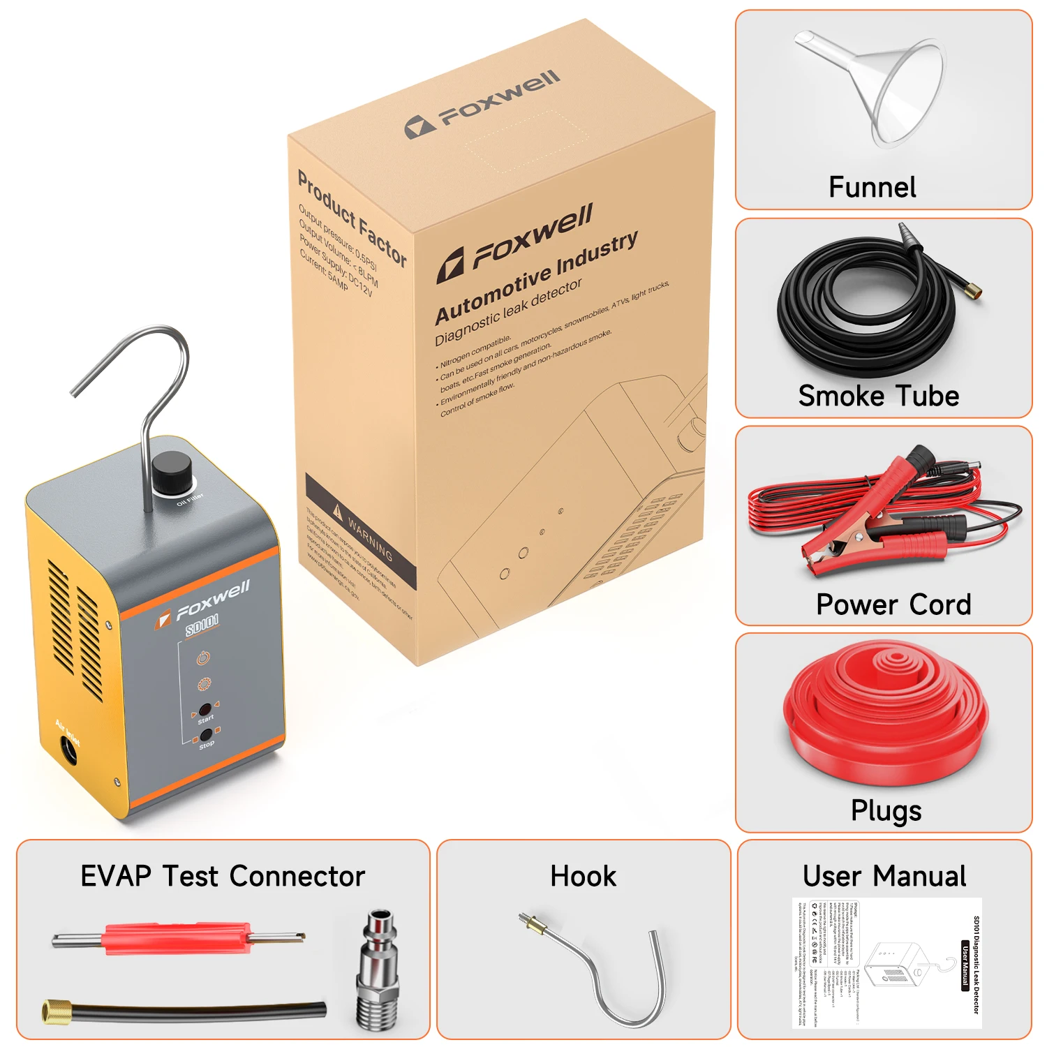 Foxwell SD101 Car Smoke Leak Detector 12V Automotive No Pump EVAP Leakage Gas Leakage Locator Oil Pipe Smoke Inspection Tools