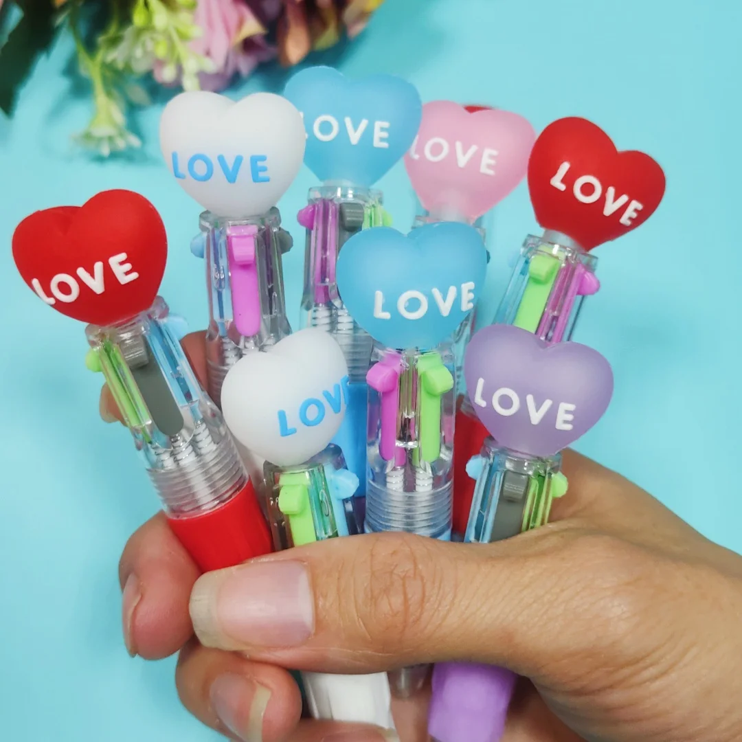 10Pcs/Lot Cute Love Heart Mini 4 Color Ballpoint Pen Kawaii Cartoon Multicolor Writing Pens Kids School Office Stationery Gifts