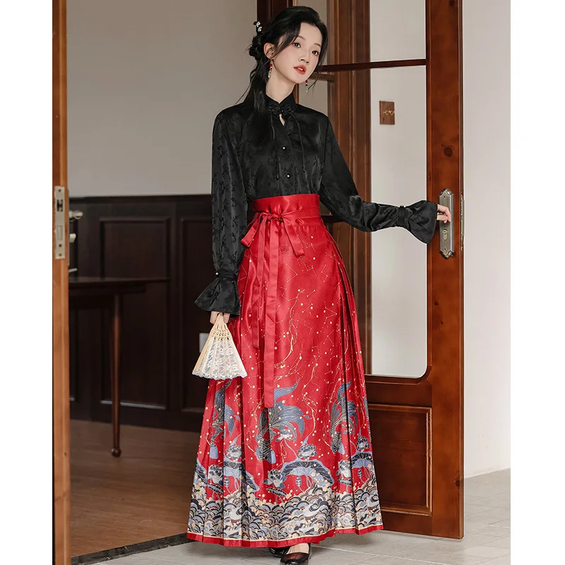 Temperament Elegant Hanfu New Chinese Style Printed Shirt Mamianqun Set Fashion Traditional Improved Hanfu Horse Face Skirt