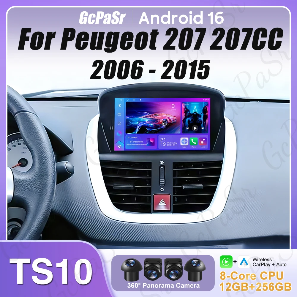 Radio de coche Android 16 para Peugeot 207 207CC 2006 - 2015 Carplay Video navegación GPS reproductor Multimedia DVD No 2din 4G Wifi BT RDS