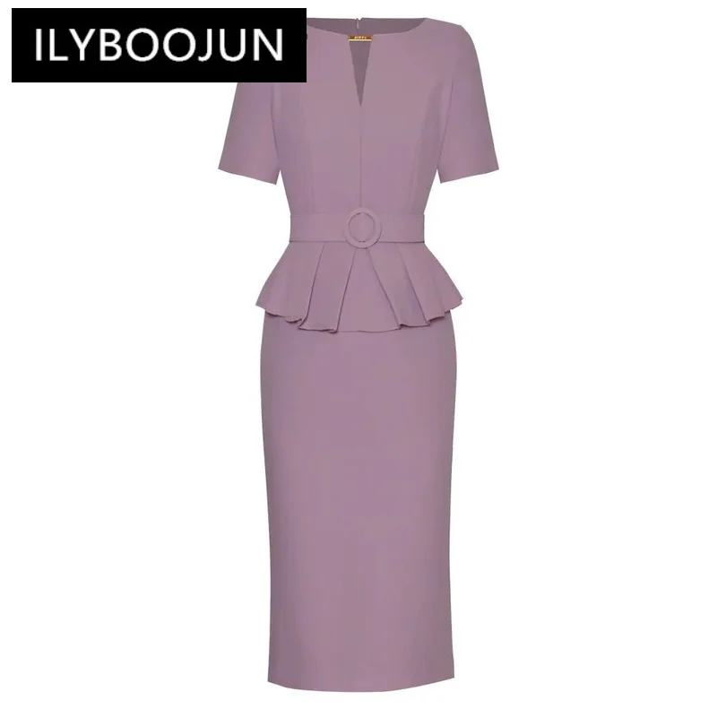 

ILYBOOJUN Fashion Designer Summer Women's Dress Elegant Solid Color Patchwork Hollow Out Sashes Pleated Wrap Hip Pencil Dresses