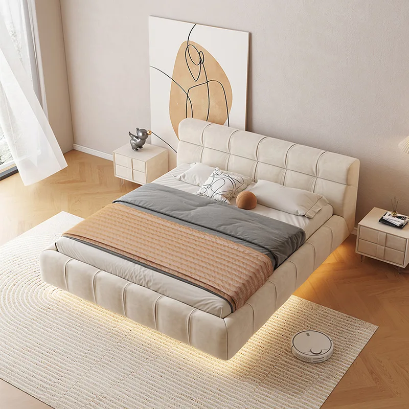 

Led Bedroom Full Set With King Size Bed Automatic Led Light Belt Suspension Technology Fabric Furniture Frosted Bread