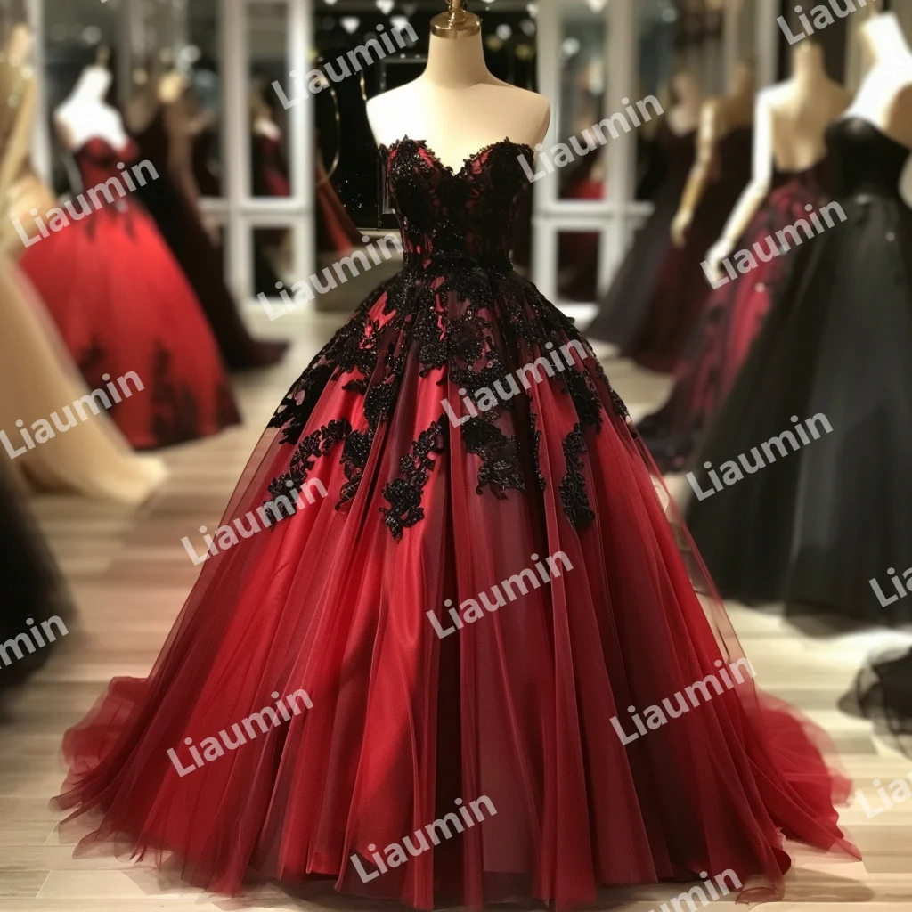 Custom Red Tulle Black Lace Applique Strapless Ball Gown Floor Length Prom Formal Dresses Evening Lace Up Back Clothing A3-4.7