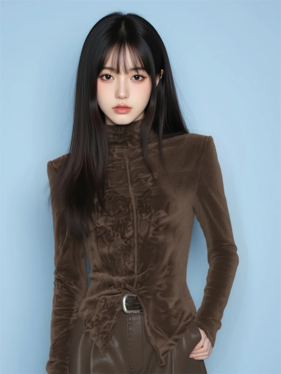 

Футболки с длинным рукавом, женские бархатные приталенные водолазки с флокированной передней частью, универсальные осенние полированные вневременные стильные топы